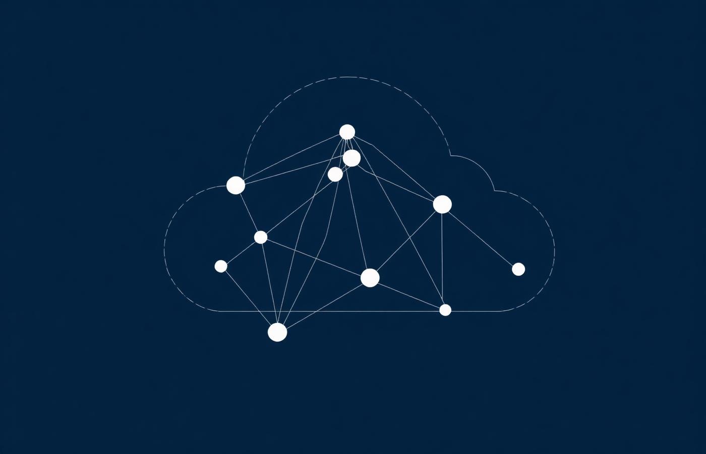 Abstract network diagram of nodes arranged in the outline of a cloud on deep navy