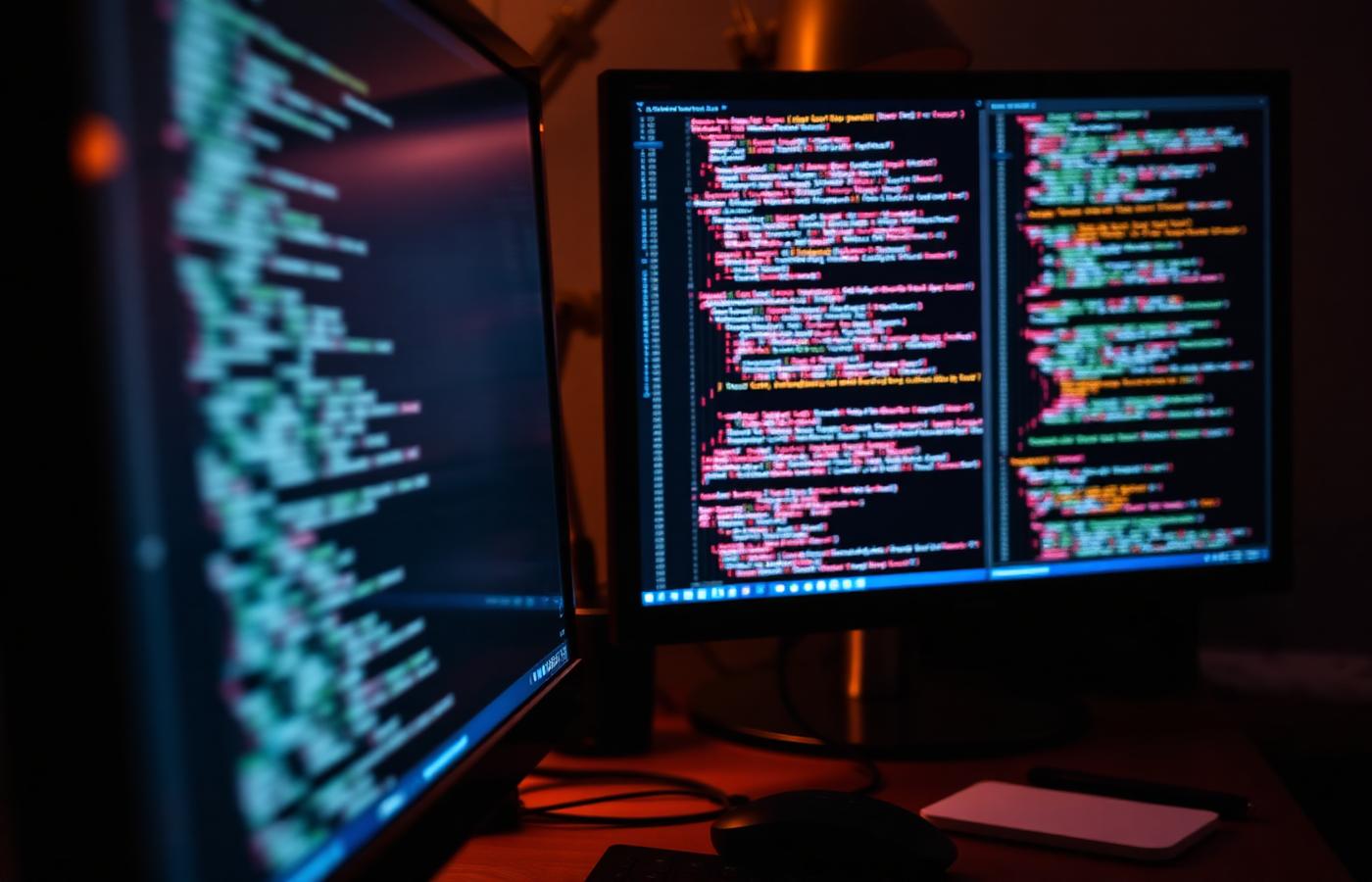 Developer workstation with two monitors displaying source code in a warmly lit workspace