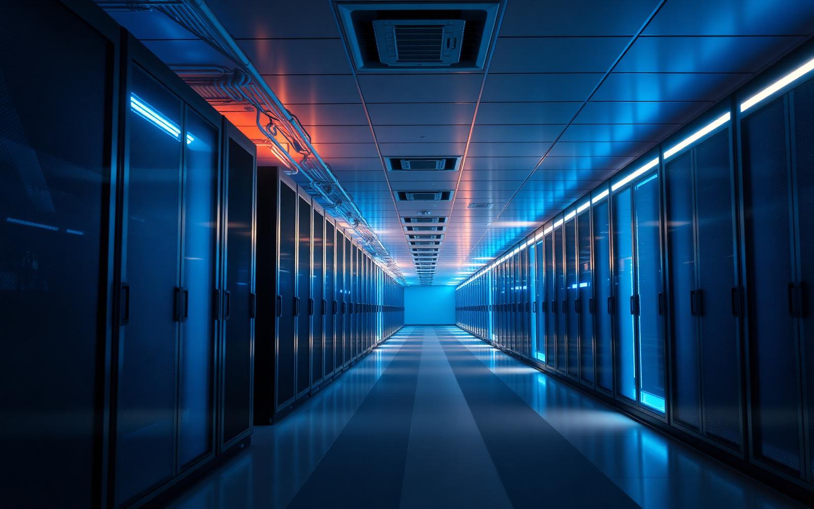 Data center corridor with rows of illuminated server racks receding in perspective