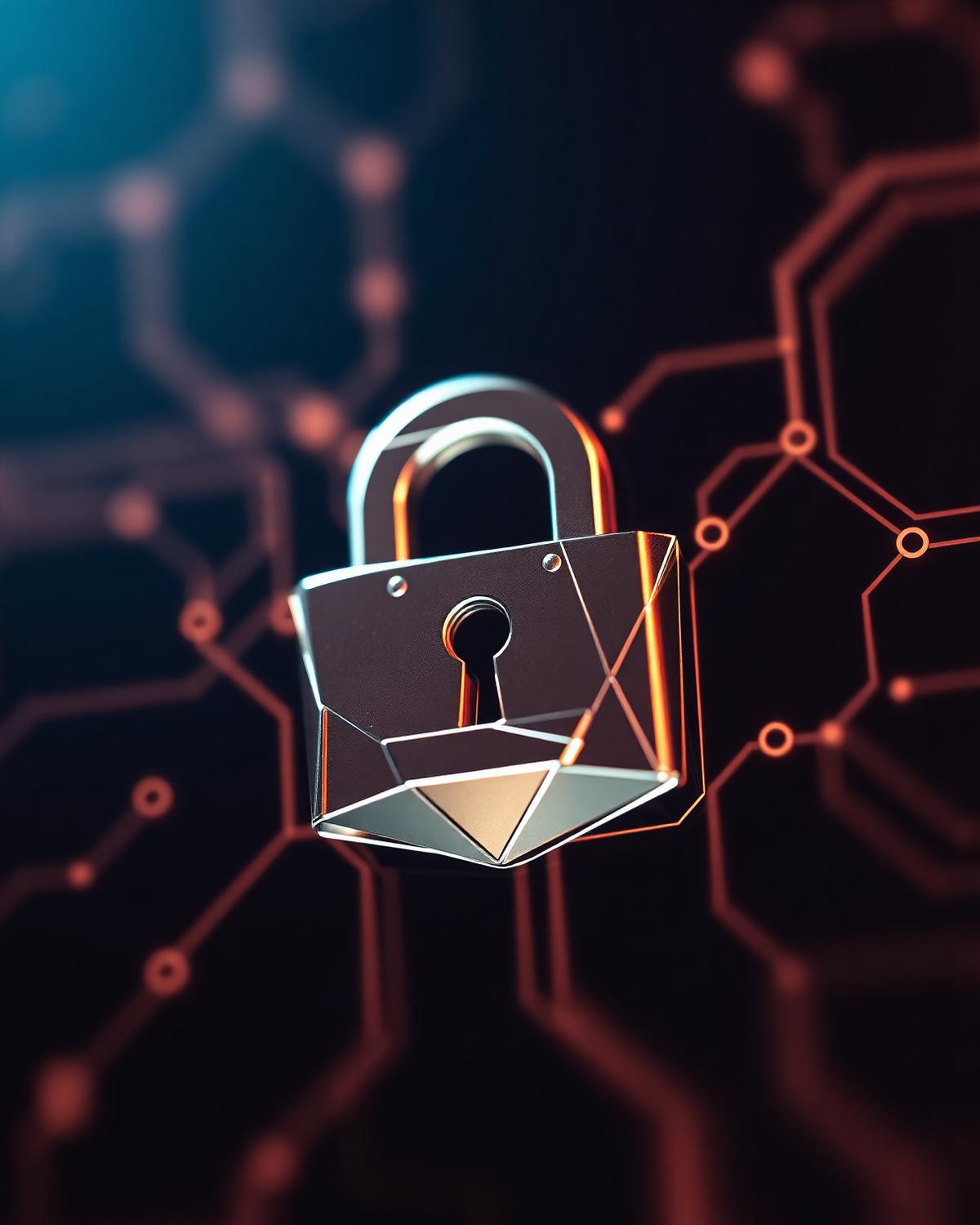 Faceted metallic padlock rendered over a network of hexagonal circuit lines