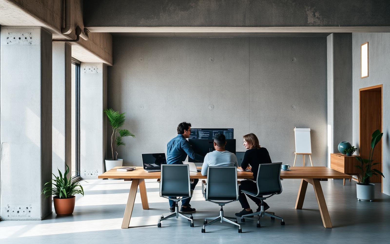 Small technology team collaborating around a large monitor in a concrete-and-oak office